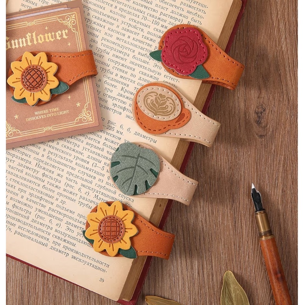 Vintage Style Magnetic Leather Bookmarks Set of 2 Sunflower, Pine Leaf, Rose